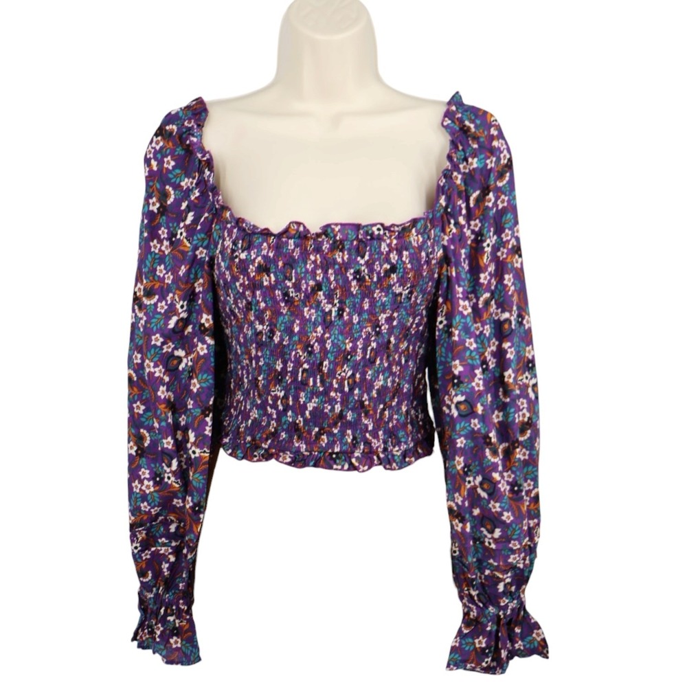 Band‎ of the Free Purple Ivory Floral Smocked Crop Top Long Sleeve Boho M